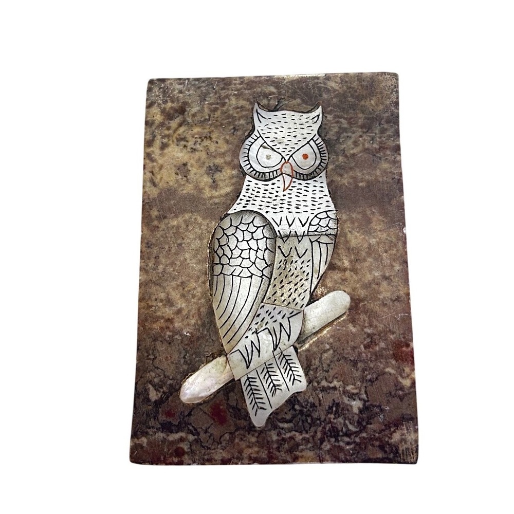 Vintage Soapstone Owl Inlay Trinket Box Purple Brown Marble Stone Jewelry Case